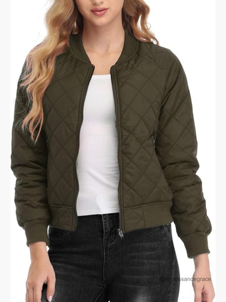 Women's Quilted Bomber Jacket Lightweight Polyester Zip Up Pockets